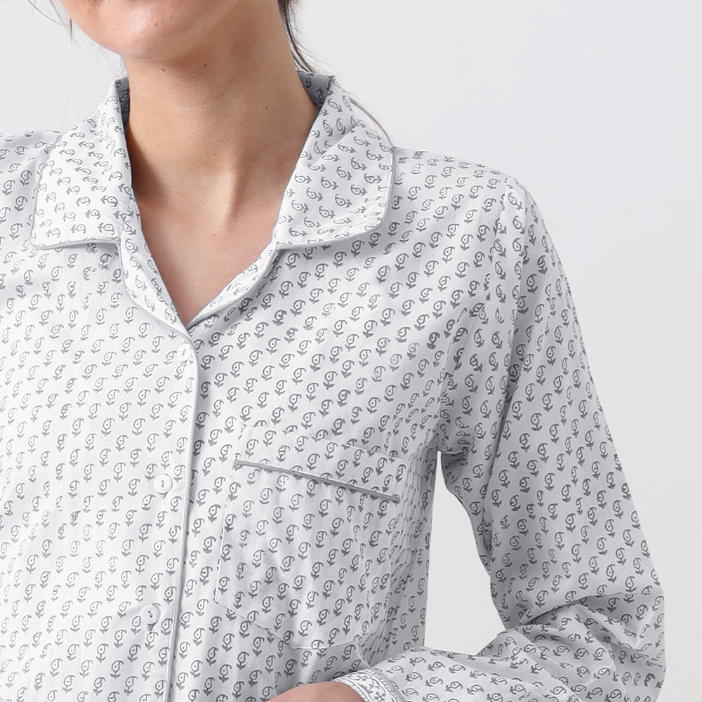 Jade Blockprint Pajama Set for Women (Grey)