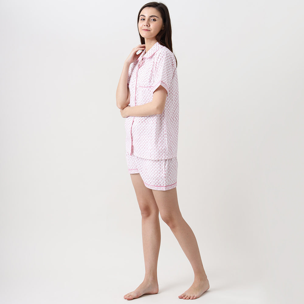Jade Blockprint Shorts Set For Women (Pink)