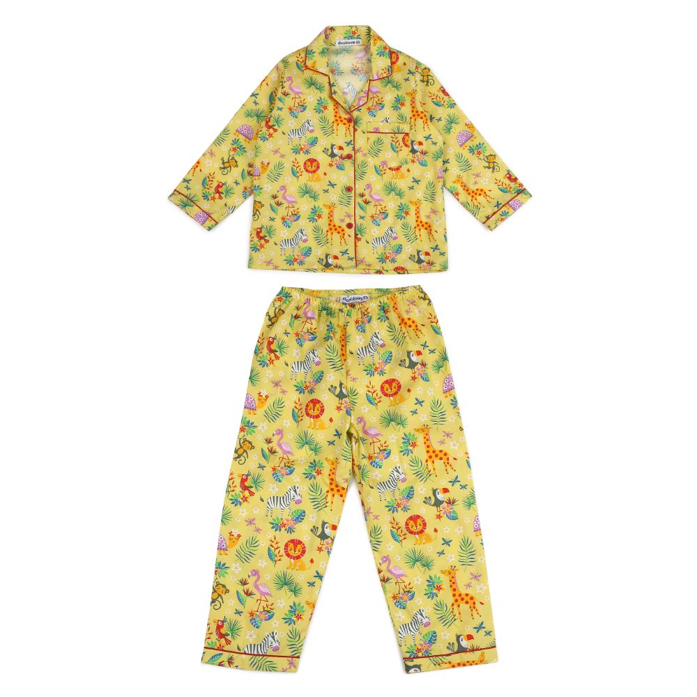 Shopbloom Yellow Animal Safari Print Long Sleeve Kids Night Suit