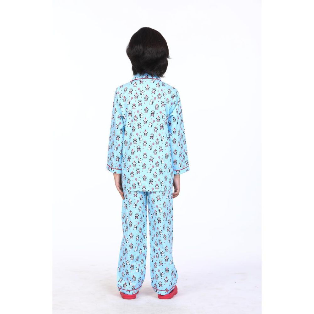 Shopbloom Sky Blue Playful Panda Print Long Sleeve Night Suit for Boys