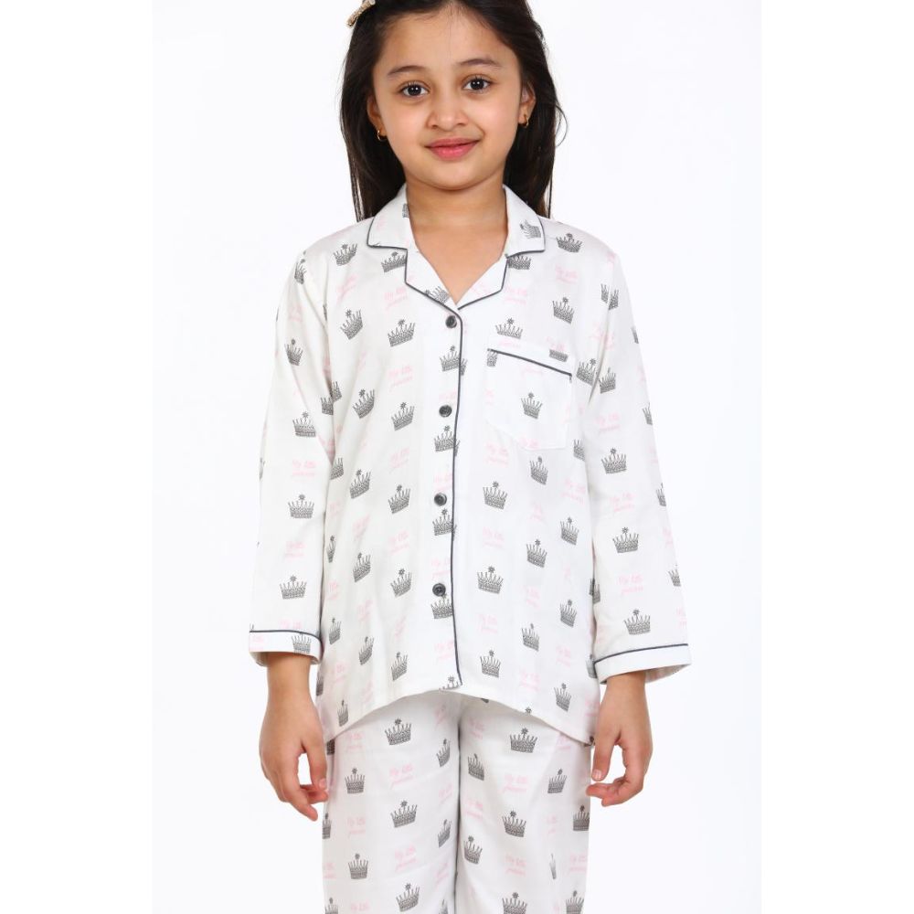 Shopbloom White Princess Forever Print Long Sleeve Night Suit for Girls
