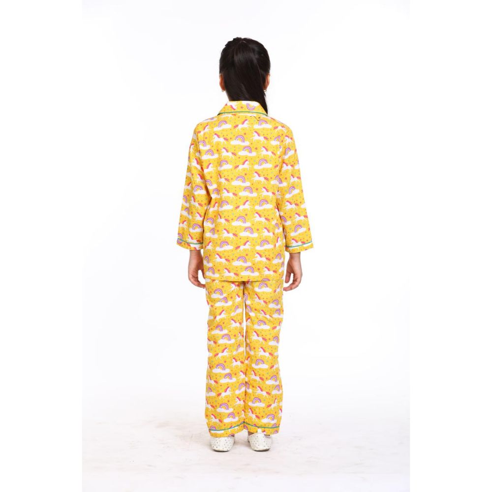 Shopbloom Yellow Unicorn Print Long Sleeve Kids Night Suit