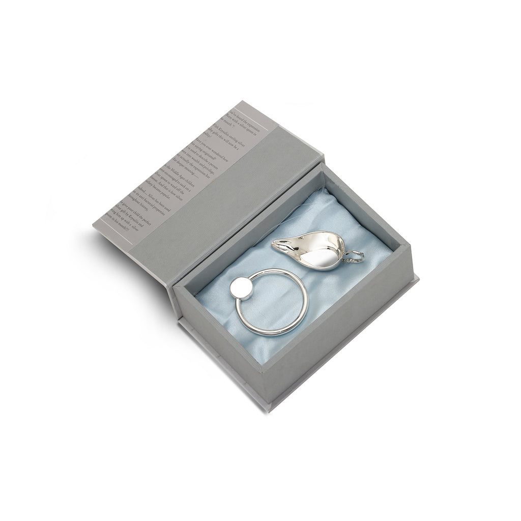 Sterling Silver Gift Set - With Flat Medicine Porringer with a Victorian Handle & Flat Ring Rattle