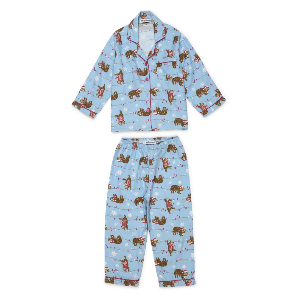 Shopbloom Sleeping Sloth Print Cotton Flannel Long Sleeve Kid's Night Suit