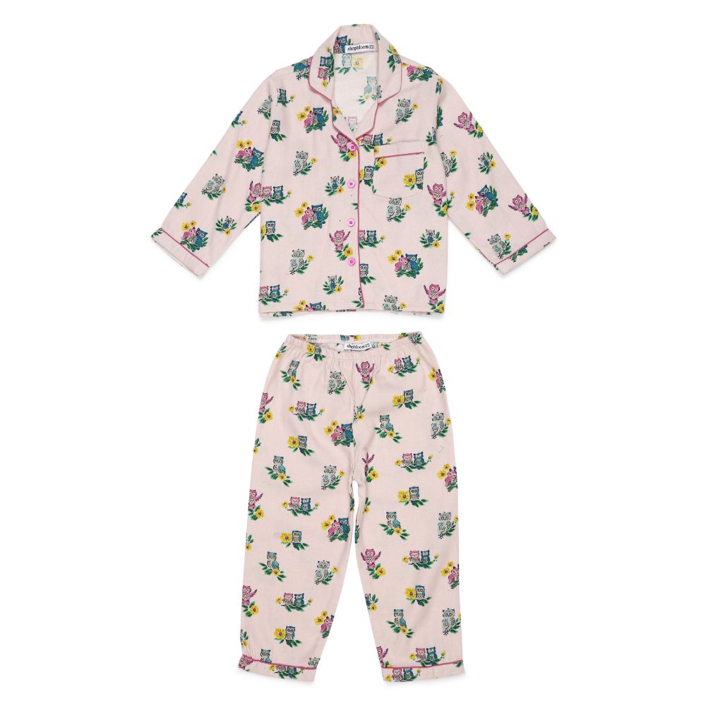 Shopbloom Sleepy Owl Print Cotton Flannel Long Sleeve Kid's Night Suit