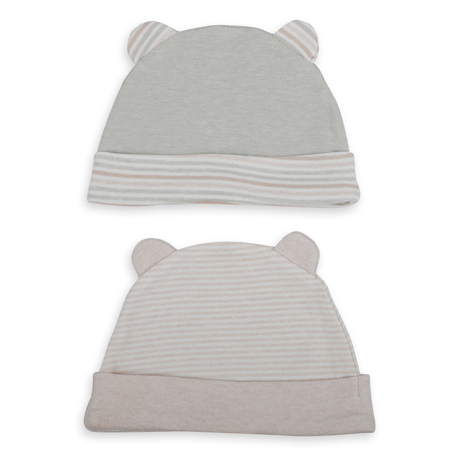 Baby Moo Striped And Plain Organic Soft Cotton Pack of 2 Caps - Grey