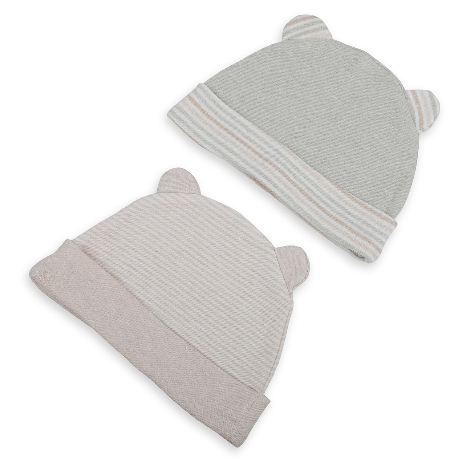 Baby Moo Striped And Plain Organic Soft Cotton Pack of 2 Caps - Grey