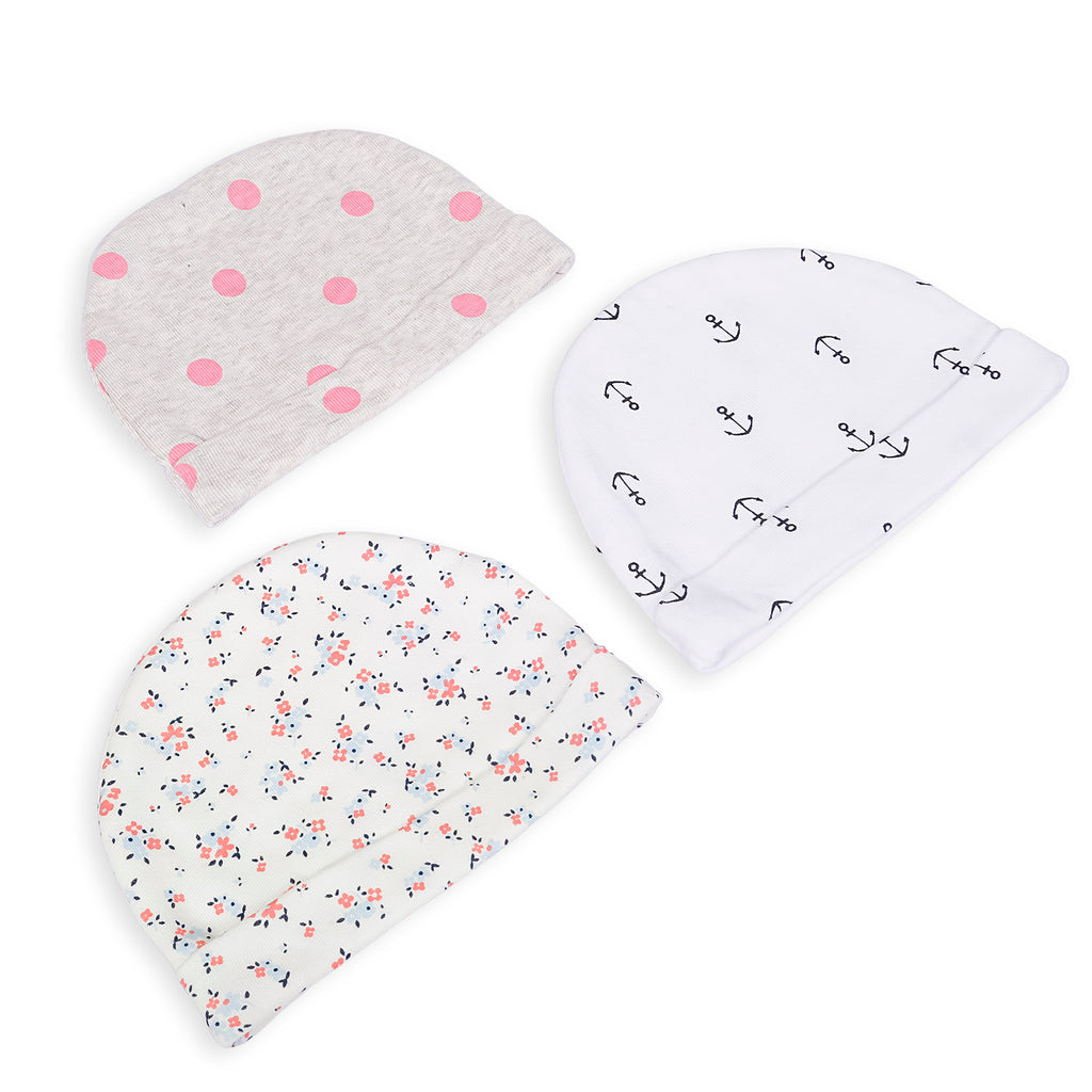Baby Moo Caps Pack Of 3 Floral And Polka Dots White And Pink