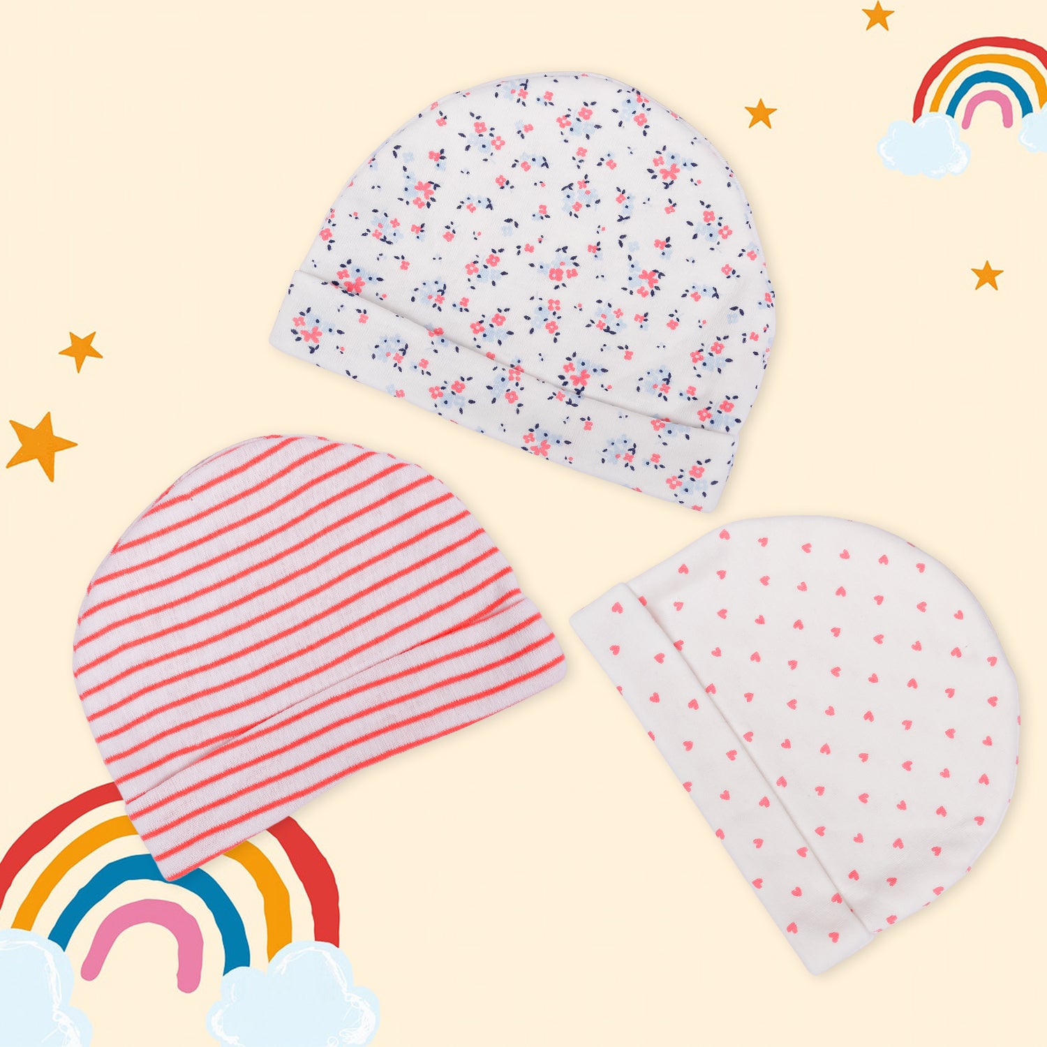 Baby Moo Caps Pack Of 3 Striped And Printed Multicolour