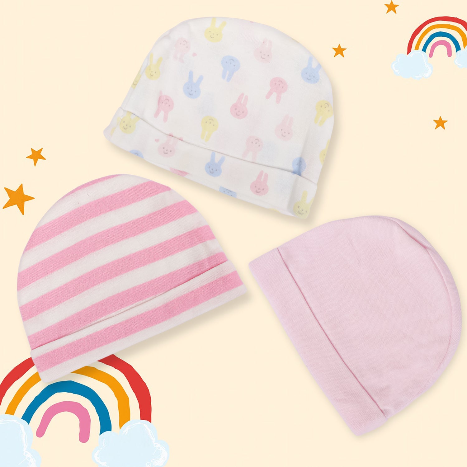 Baby Moo Caps Pack Of 3 Bunny And Striped Pink And White