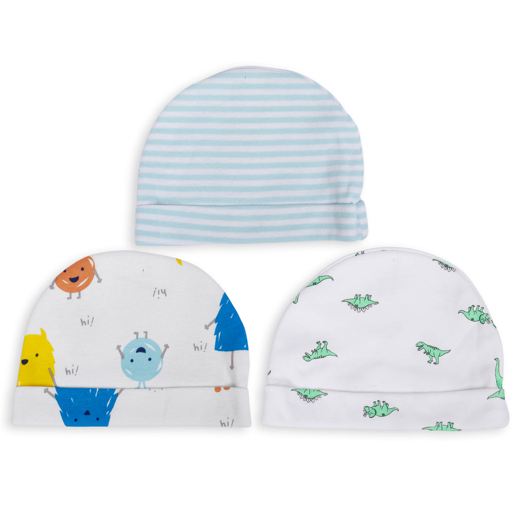 Baby Moo Caps Pack Of 3 Cartoon Dinosaur Blue And White
