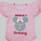 First Birthday Pink Ruffled Onesie With Mickey And Red Glitter Name