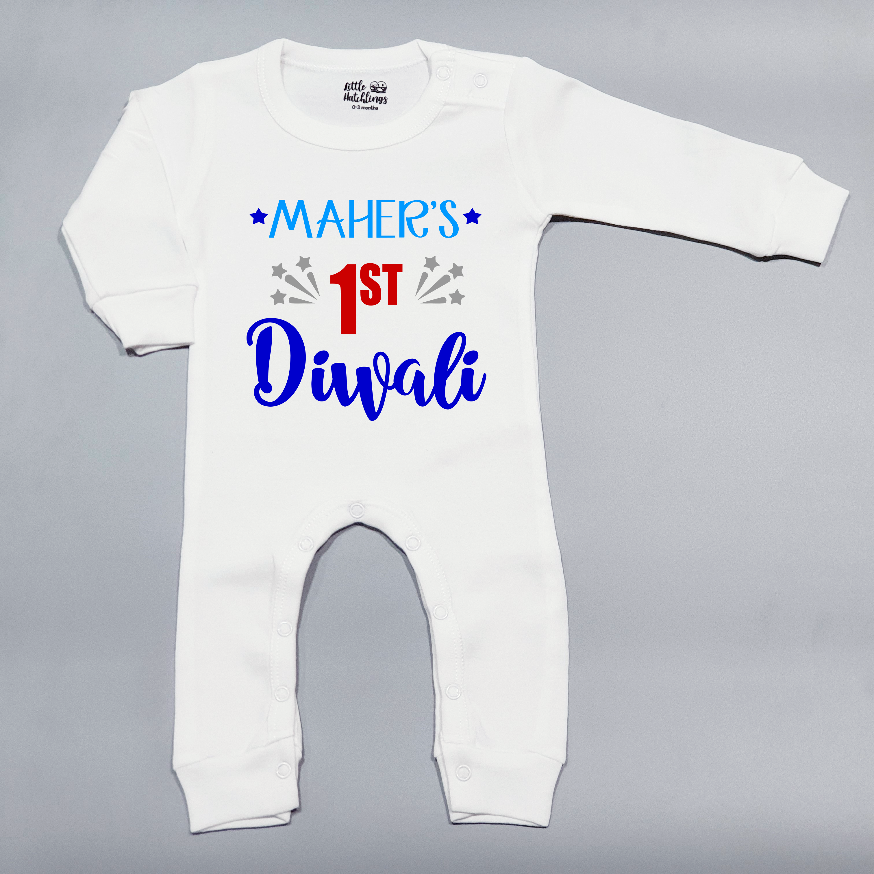 My First Diwali Personalised White Full Romper (Blues & Red)