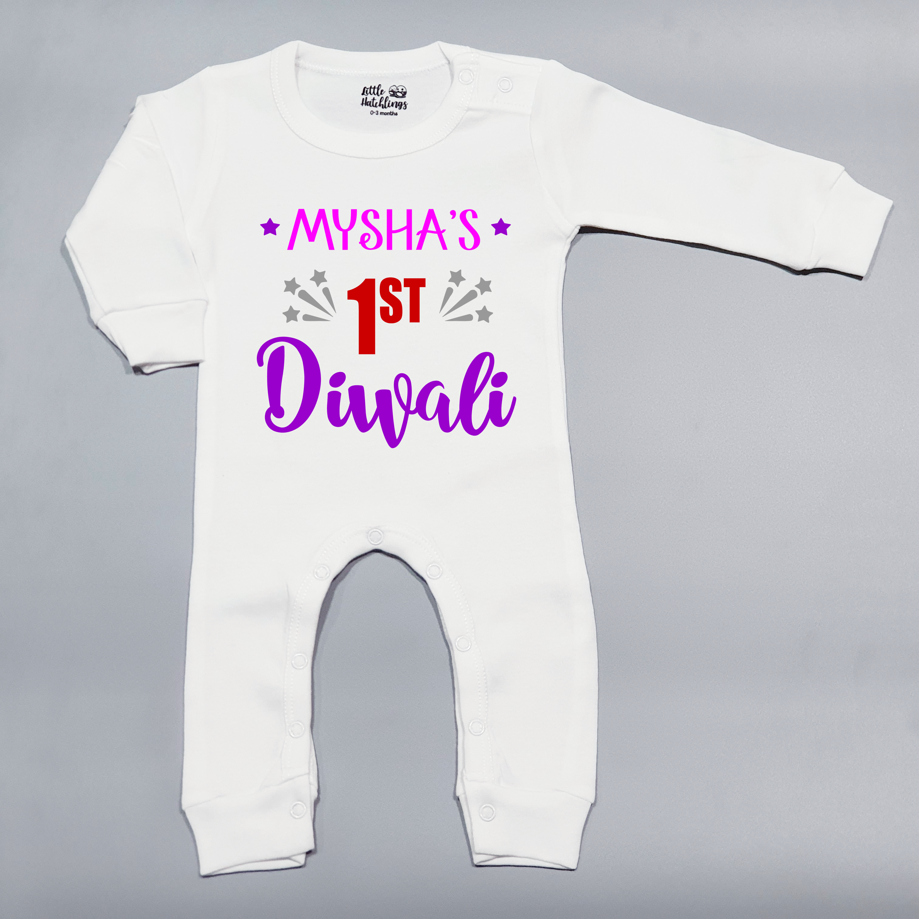 My First Diwali Personalised White Full Romper (Pink Purple)