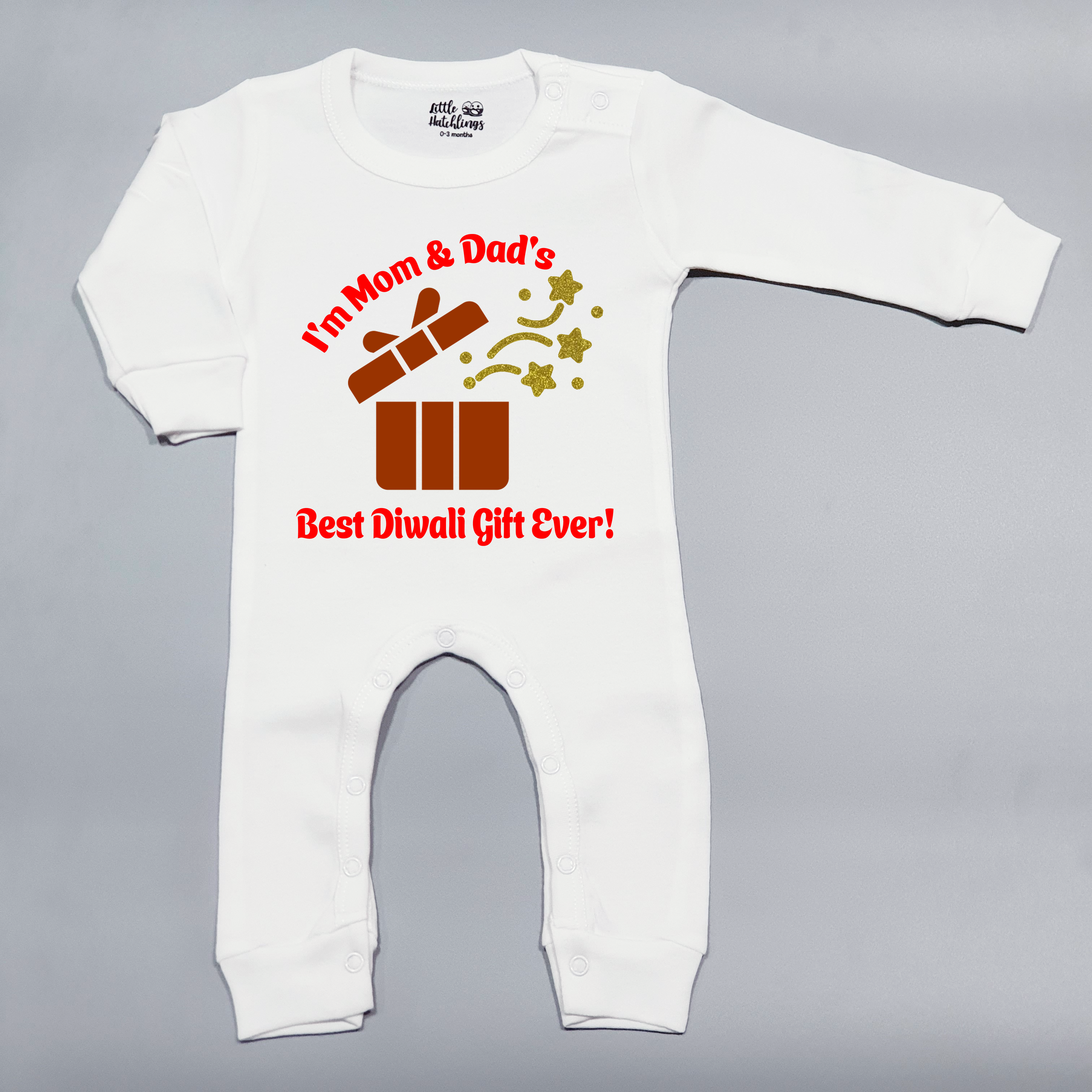 Mom Dad's Best Diwali Gift White Full Romper
