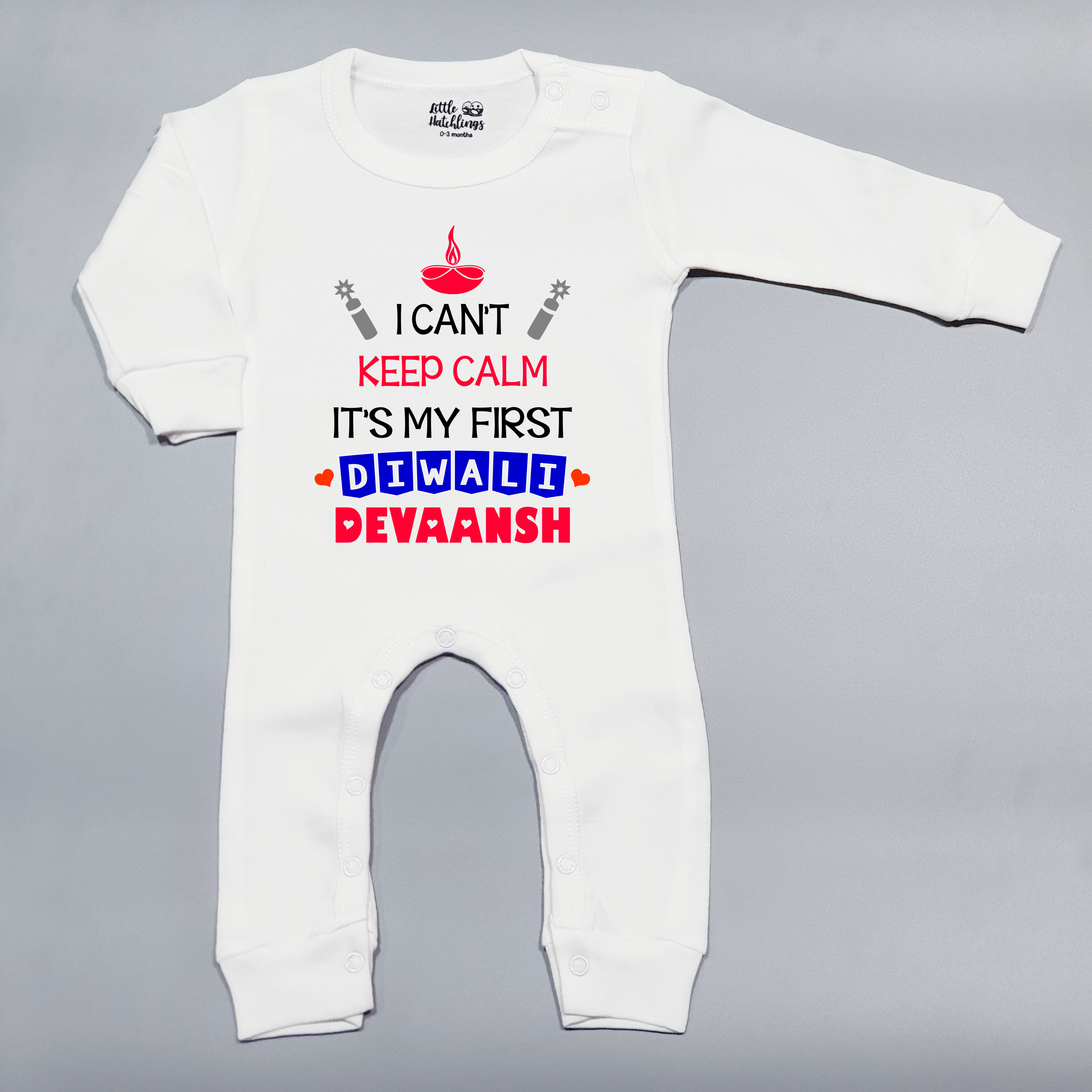 Can't Keep Calm First Diwali White Full Romper Personalised