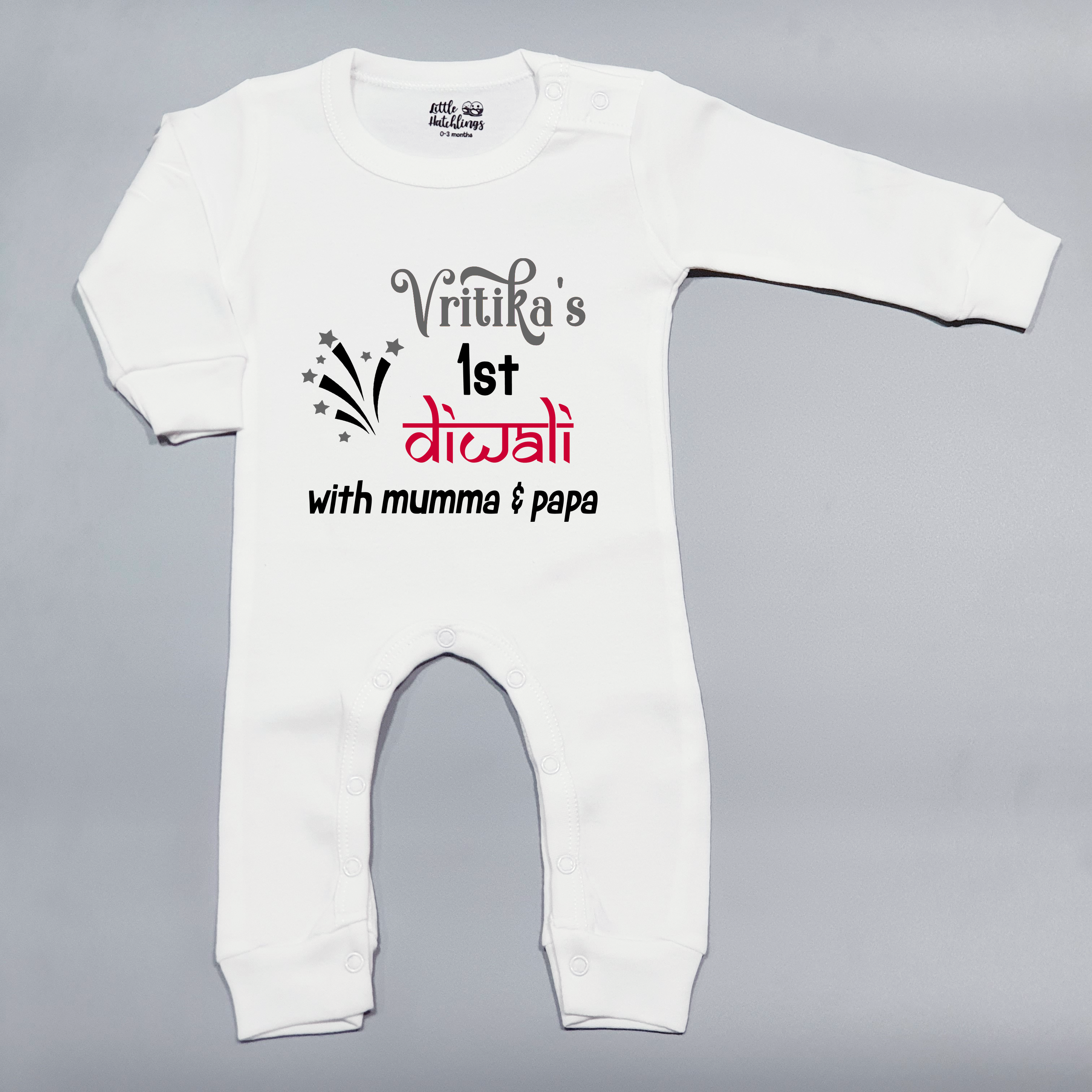 First Diwali with Mumma Papa Full Romper White