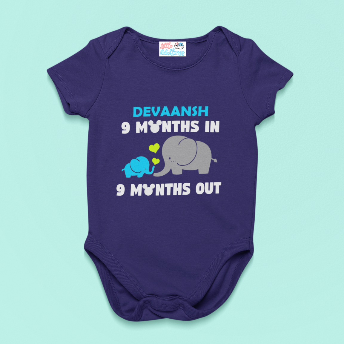 Monthly Birthday - 9 Months In 9 Months Out - Elephant Onesie - Navy Blue