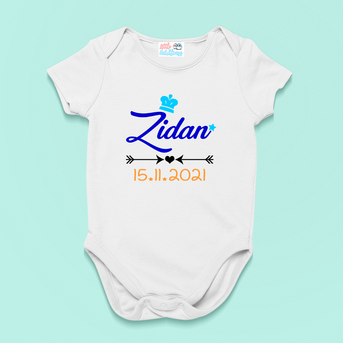 Baby Name With Crown And Date White Onesie