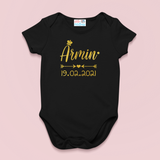 Baby Name With Crown And Date Golden Glitter Black Onesie