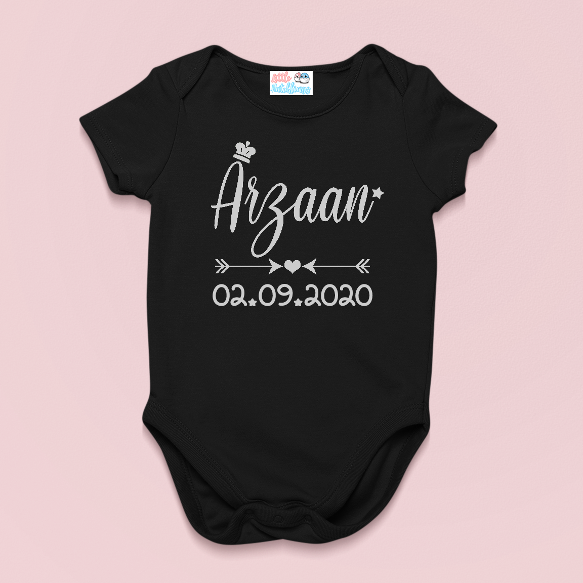 Baby Name With Crown And Date Black Onesie (Grey Print)
