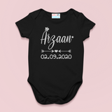 Baby Name With Crown And Date Black Onesie (Grey Print)