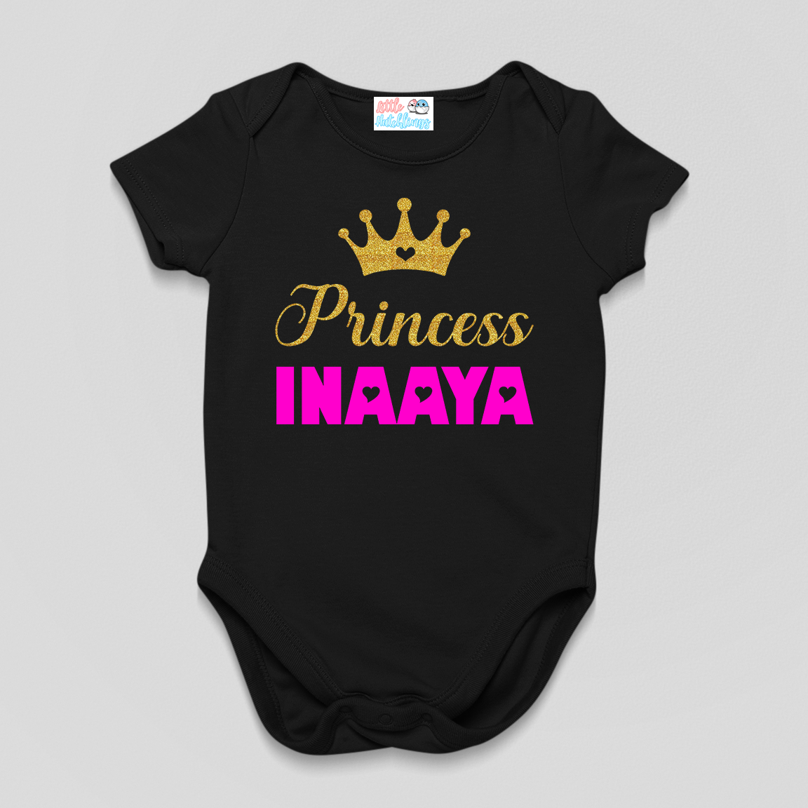 Princess Baby Name With Glitter Crown Black Onesie