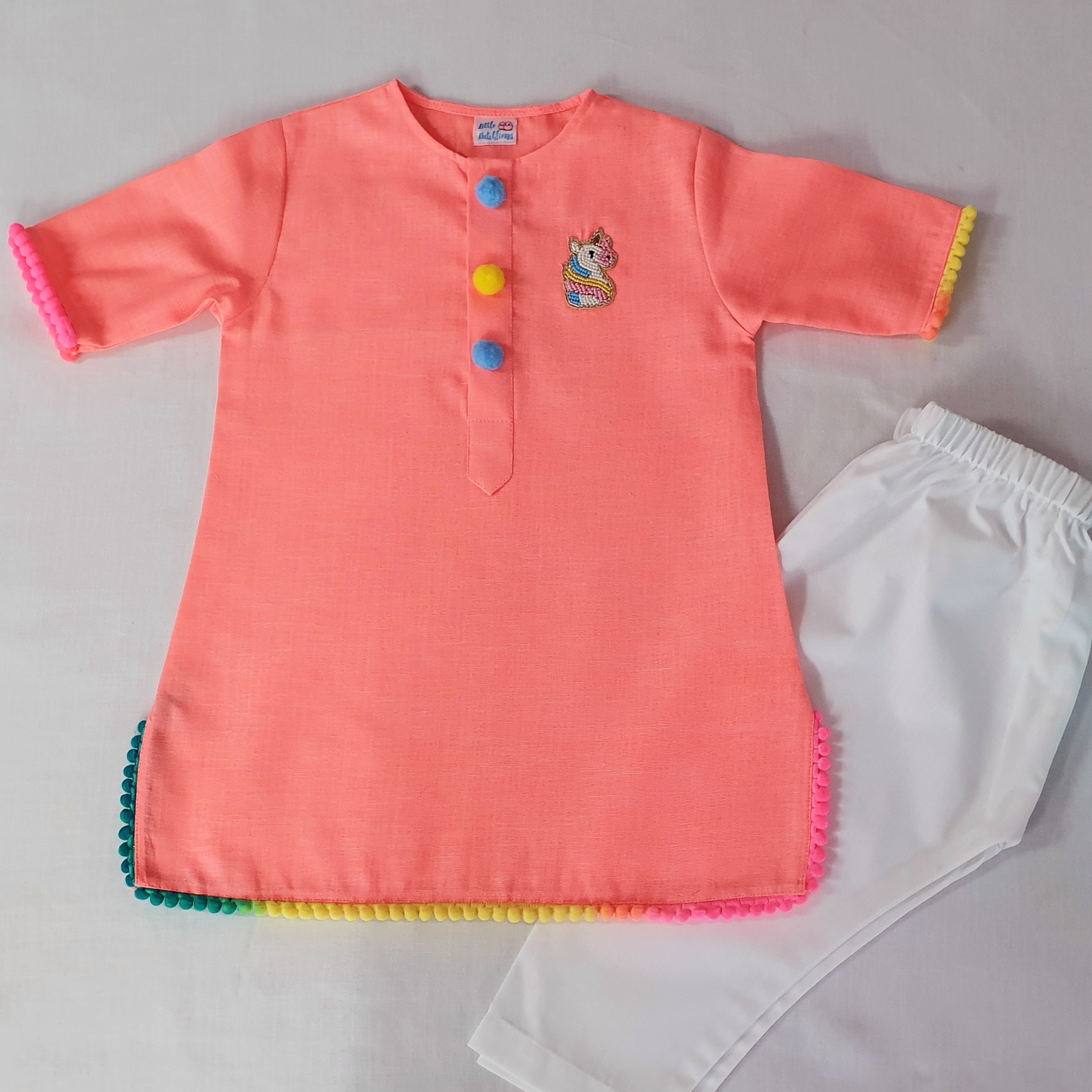 Neon Pink Kurta Pyjama Set with Piping & Unicorn Applique