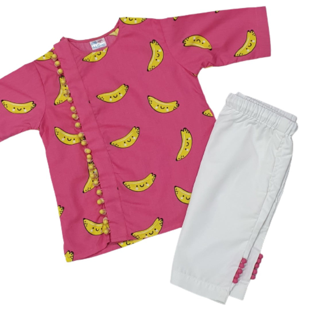 Cute Pink Banana Kurta Pyjama Set For Girls