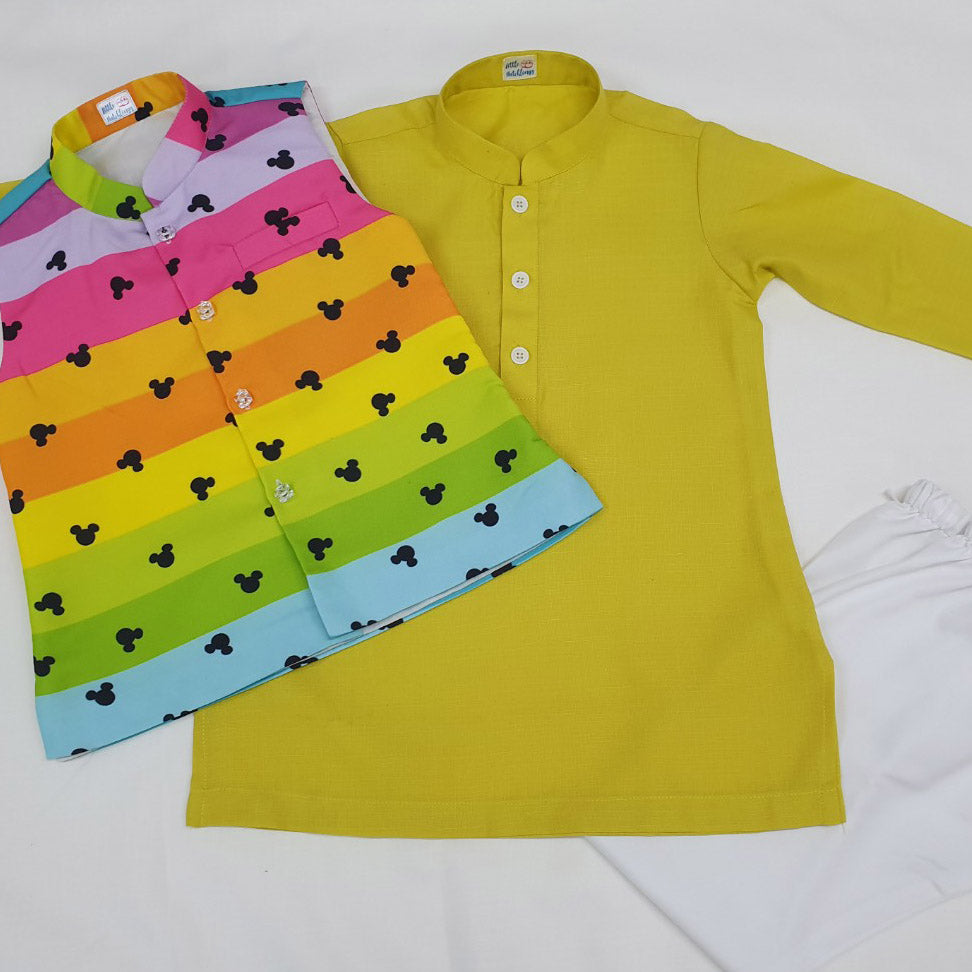 Yellow Kurta, Mickey Striped Jacket & Pajama Set