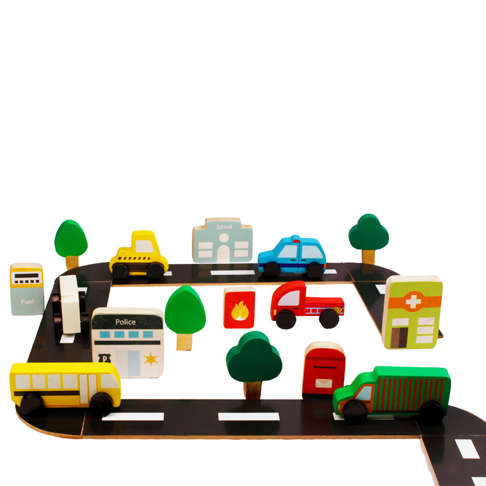 Little Jamun Build a Community Town - 6 Community Vehicles + 6 Community Buildings + Roads + Trees - Set Of 28 pieces