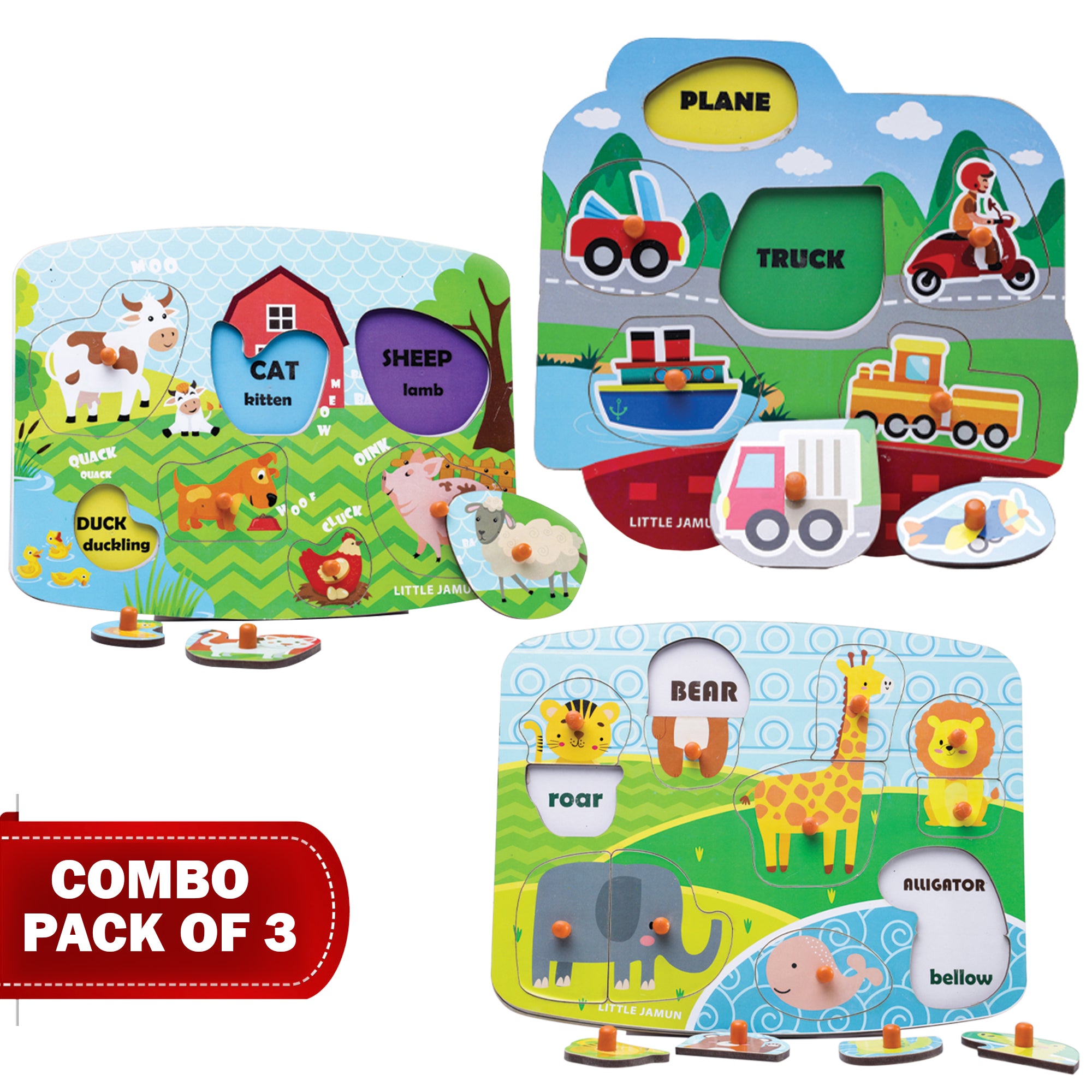 Little Jamun Combo Pack Of 3 - Wild Animals, Farm Life & Transport Peg Puzzles