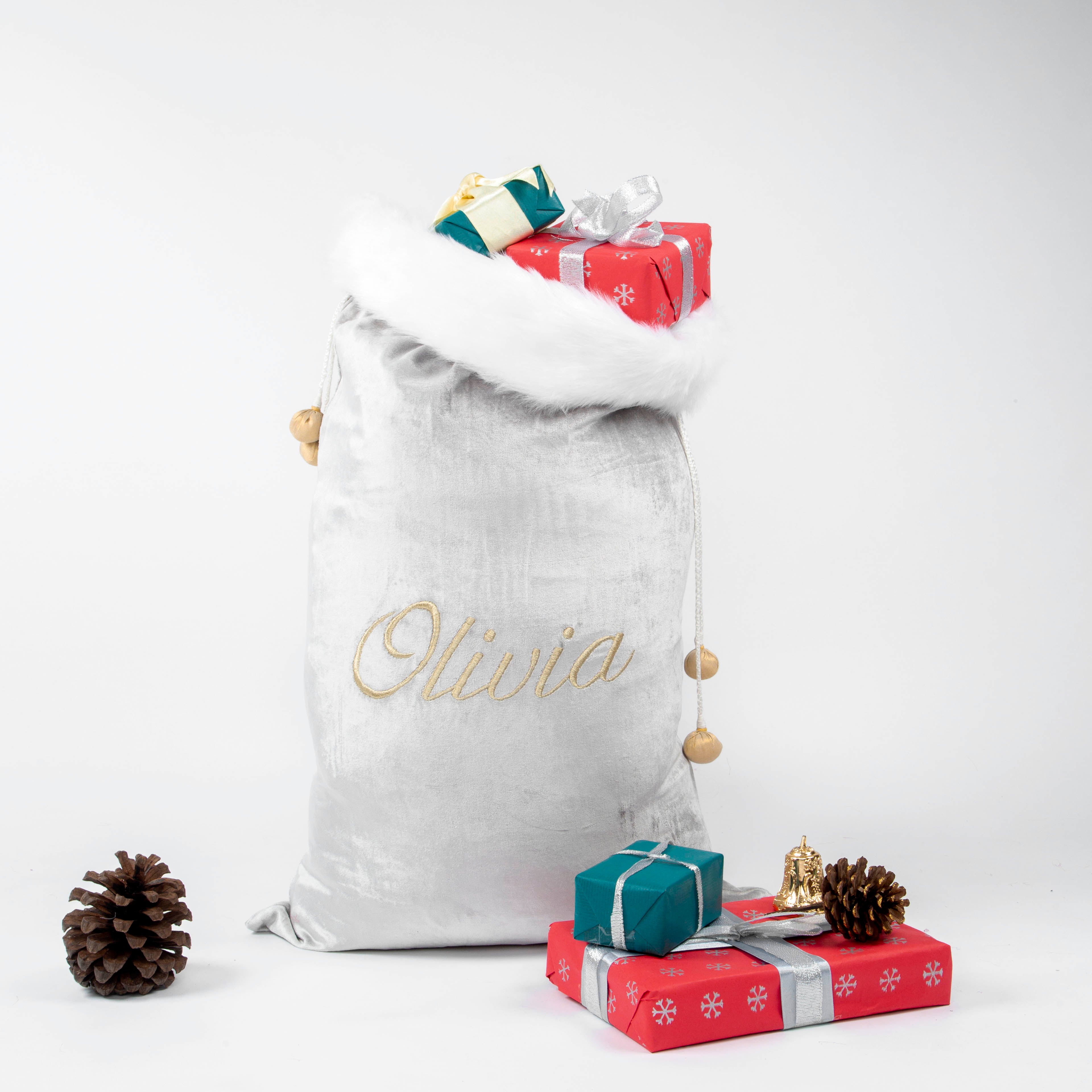 Personalised Silver Velvet with Faux Fur Santa Sack