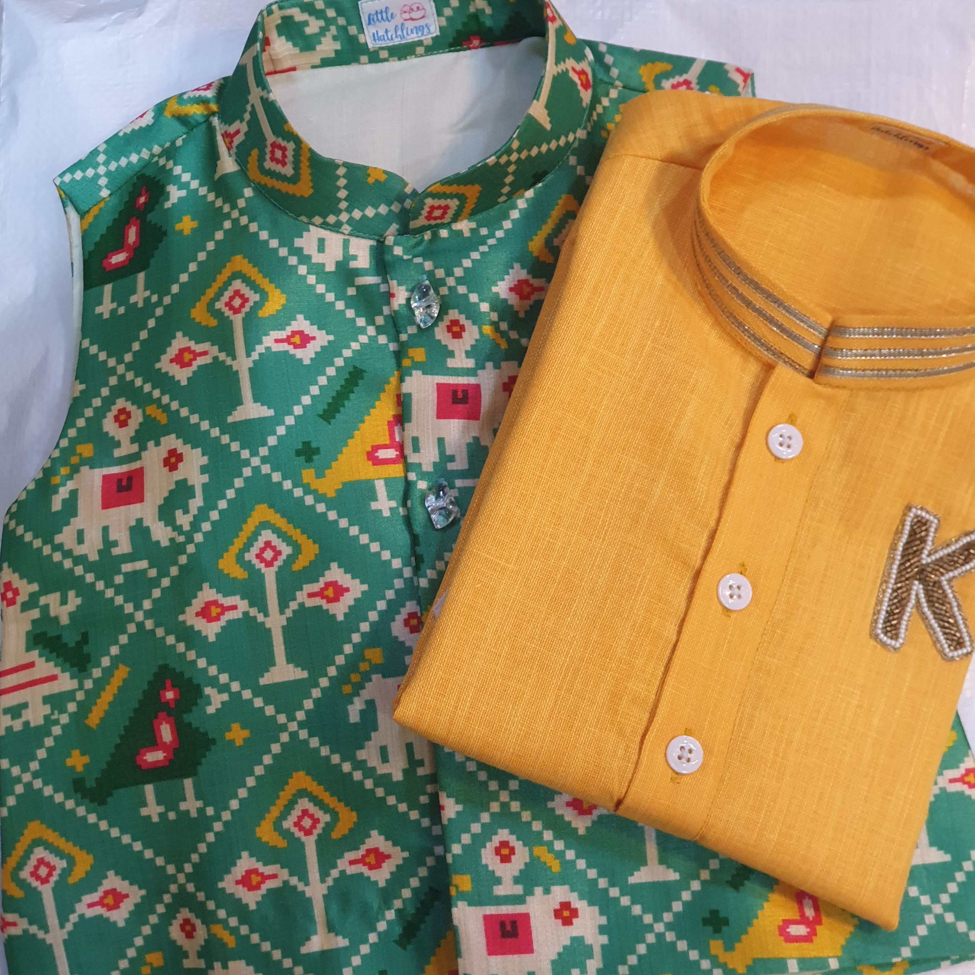 Green Patola Jacket & Yellow Kurta Pyjama Set