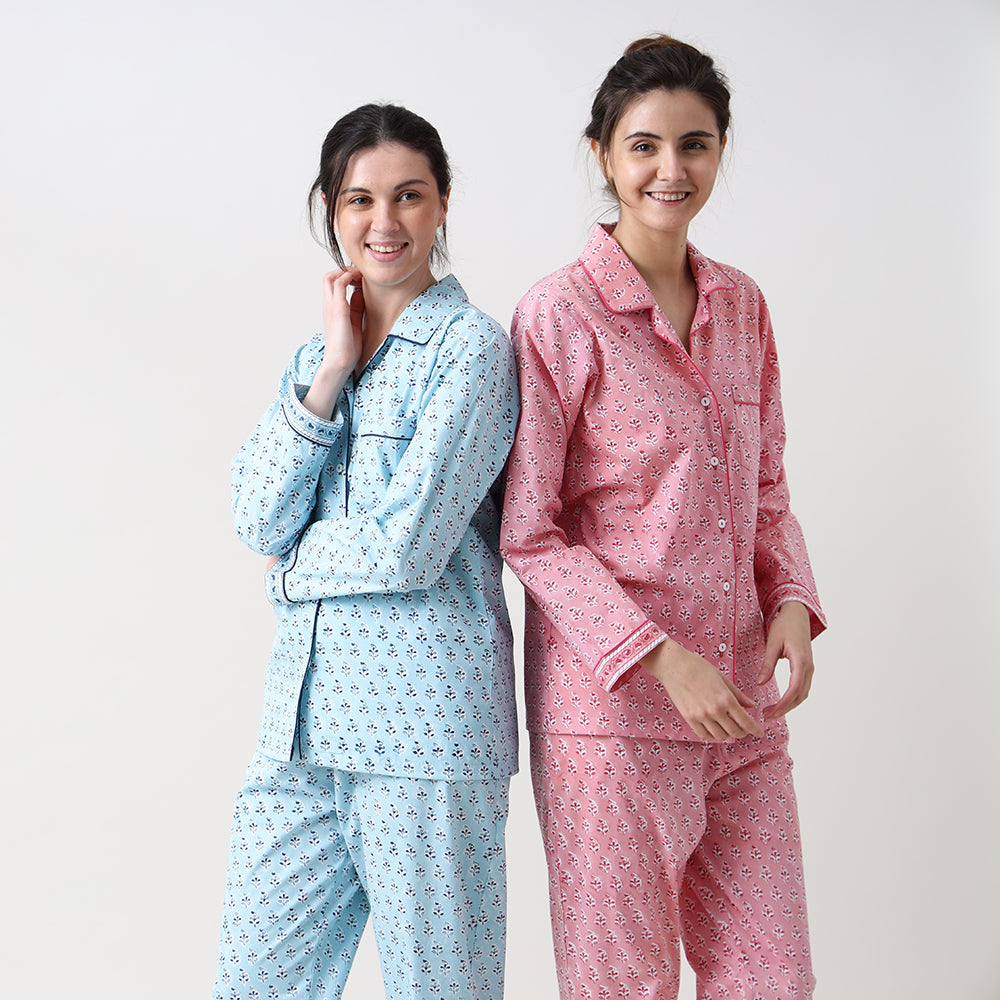 Lily Blockprint Pajama Set for Women (English Blue)