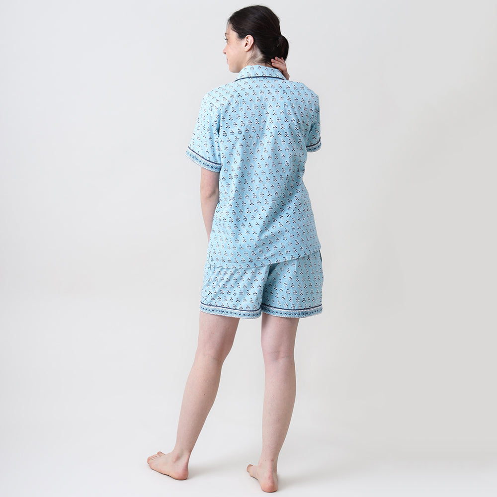Lily Blockprint Shorts Set For Women (English Blue)