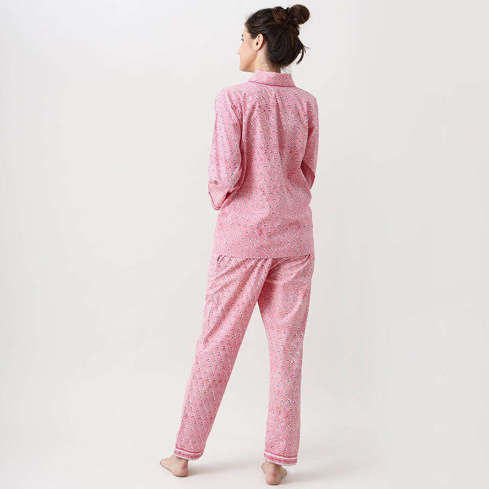 Lily Blockprint Pajama Set for Women (Watermelon Pink)