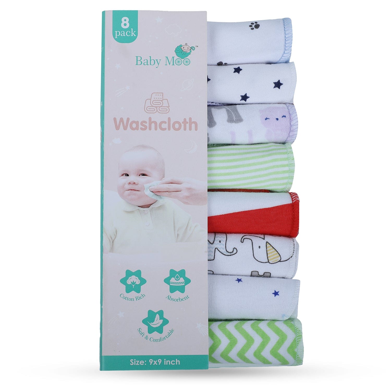 Baby Moo Unisex Cotton 20 x 20 cm Soft Hosiery Wash Cloth - Multicolour