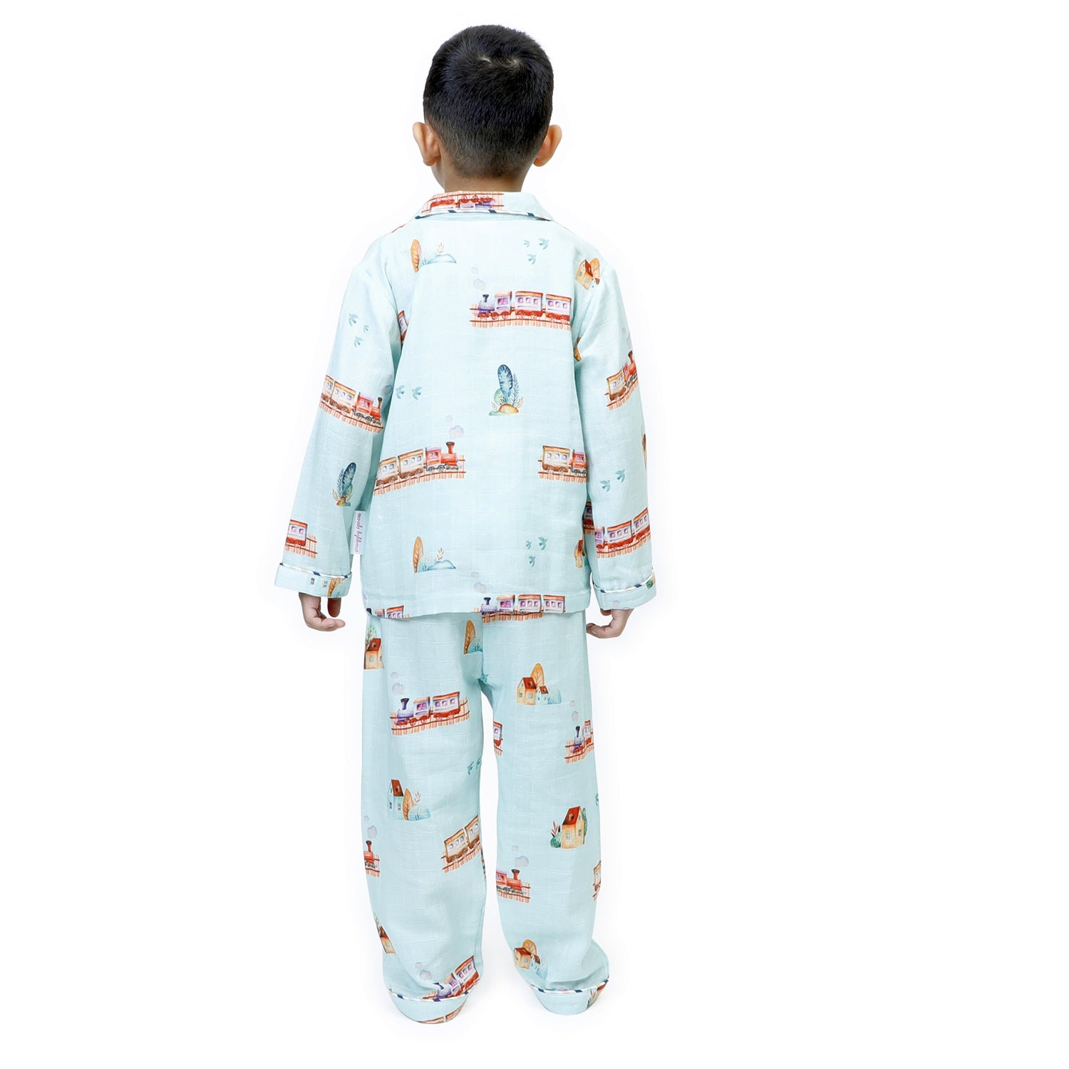 Ollie The Train- White - Bamboo Muslin Night Suit Set (Full / Half Sleeves/ Winter) - Blue