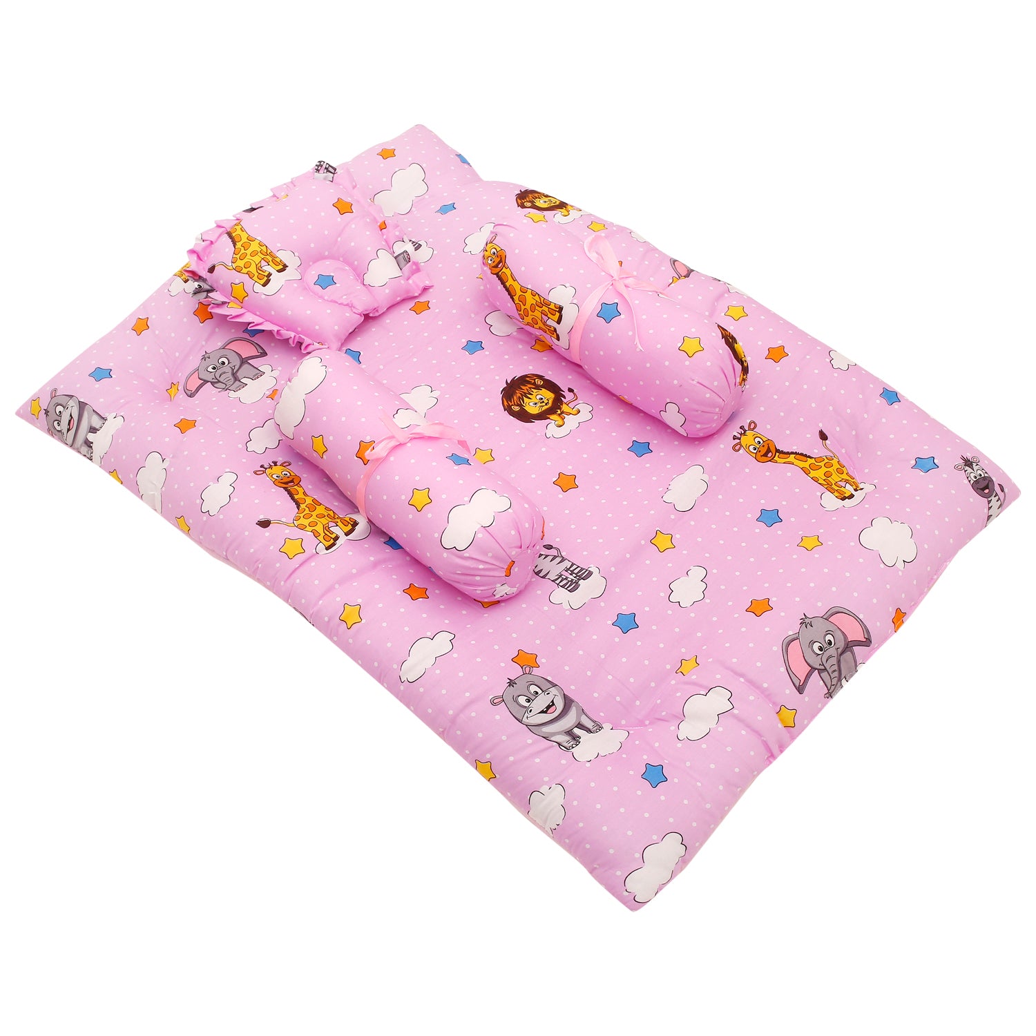 Baby Moo Mattress Set With Neck Pillow and Bolsters Flying Animals Pink