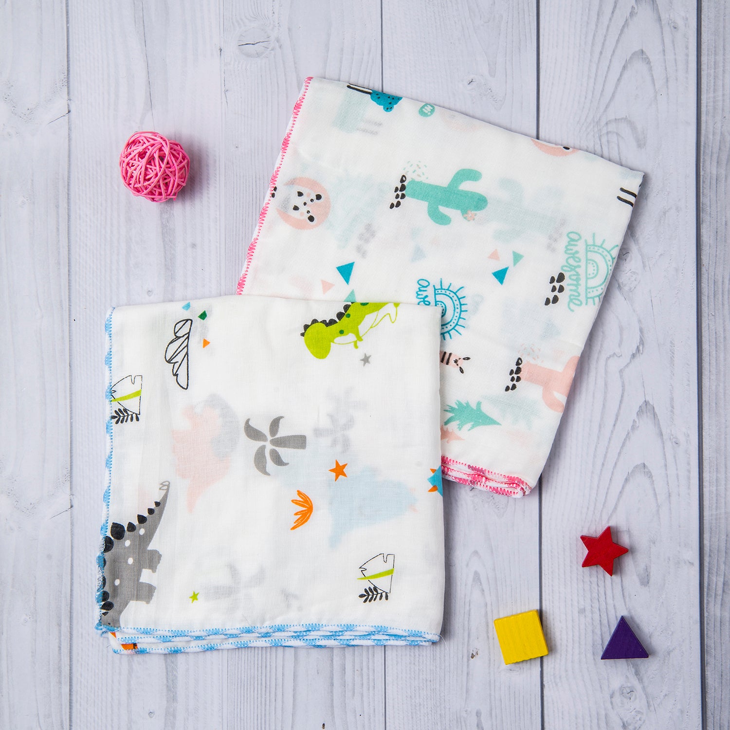 Baby Moo Muslin Towels Pack Of 2 Dino And Llama Multicolour