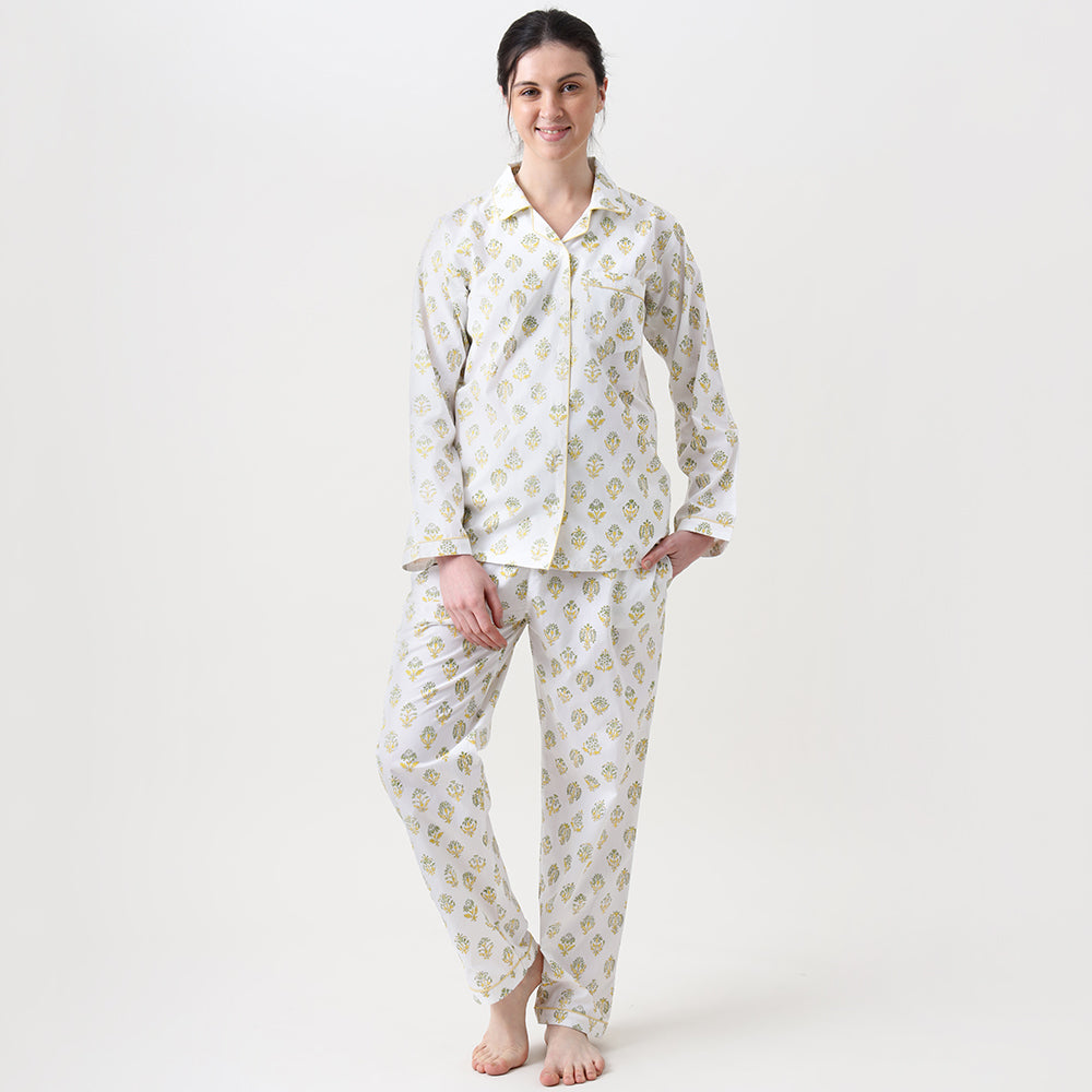 Madison Blockprint Pajama Set for Women (Yellow)