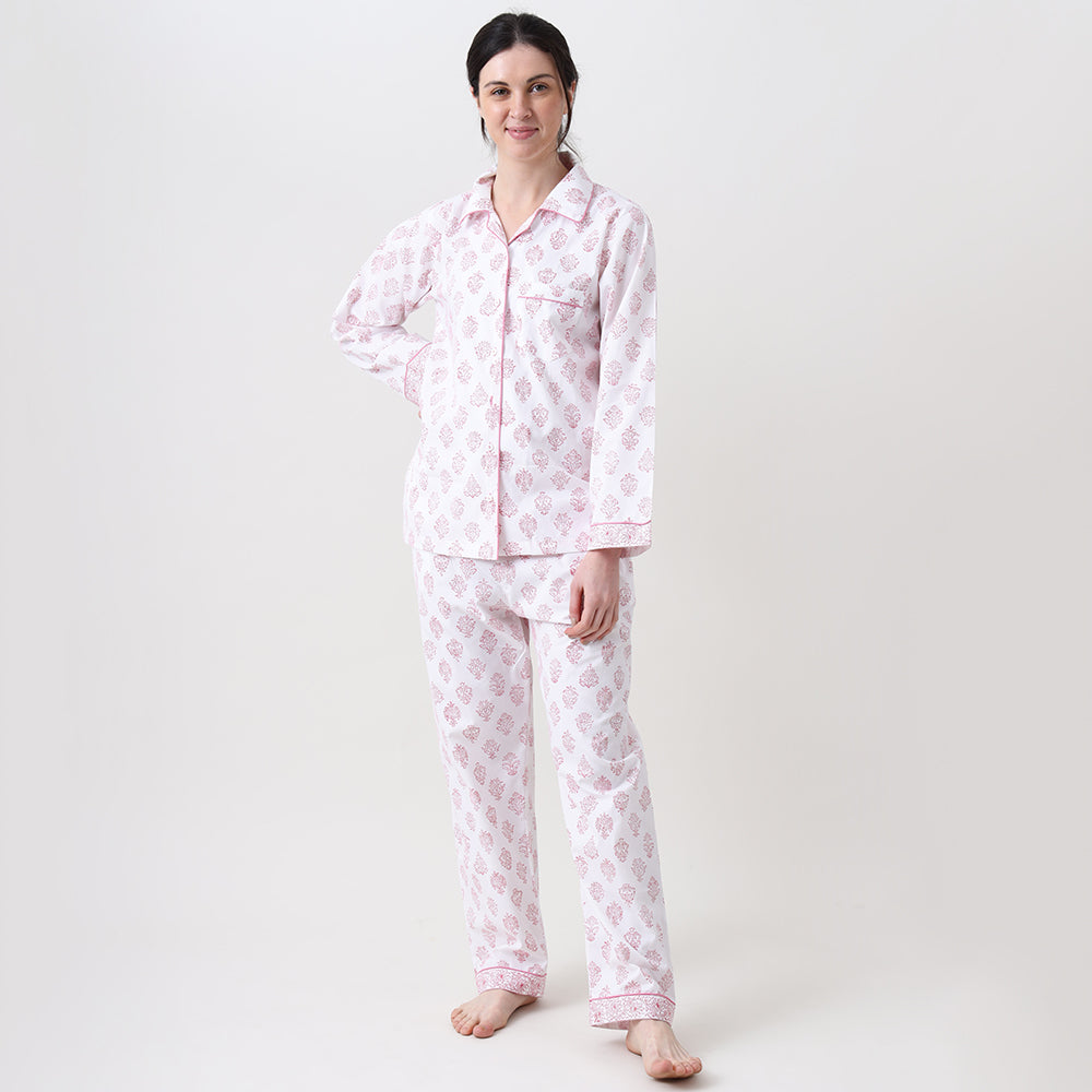 Madison Blockprint Pajama Set for Women (Pink)
