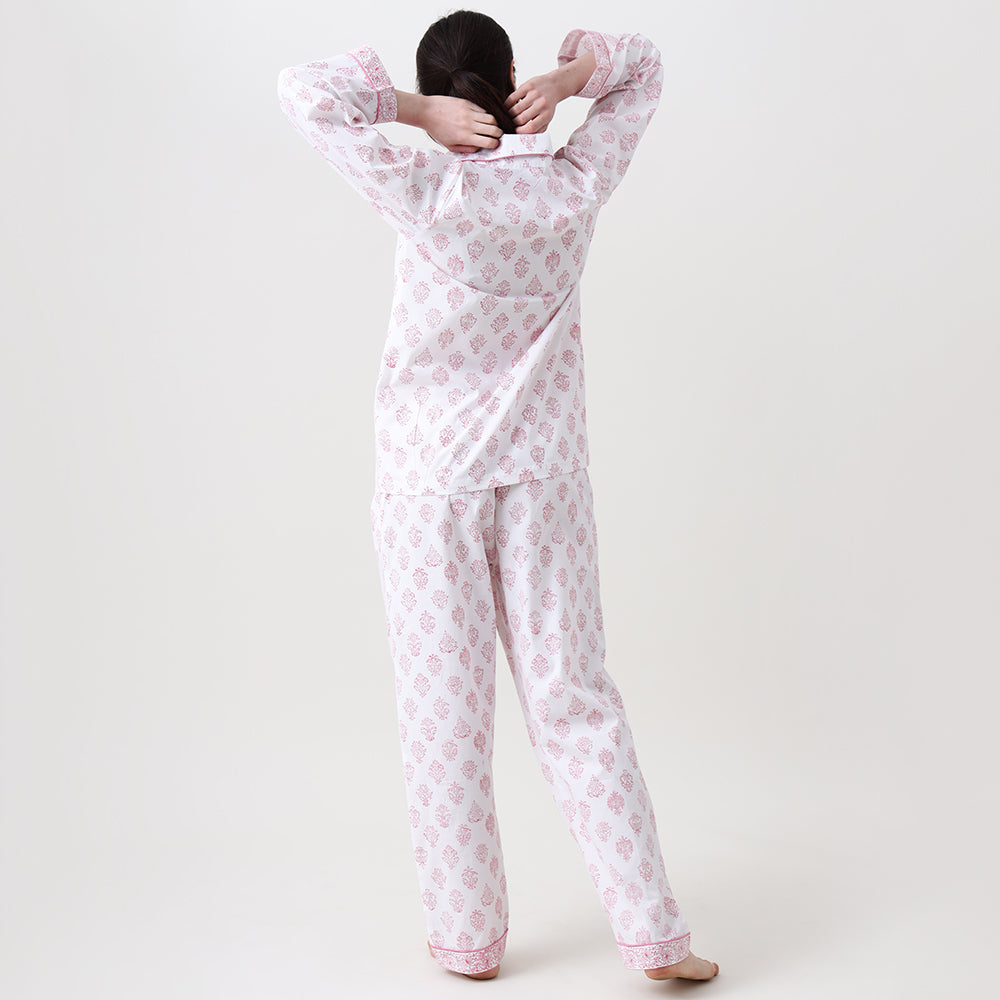Madison Blockprint Pajama Set for Women (Pink)