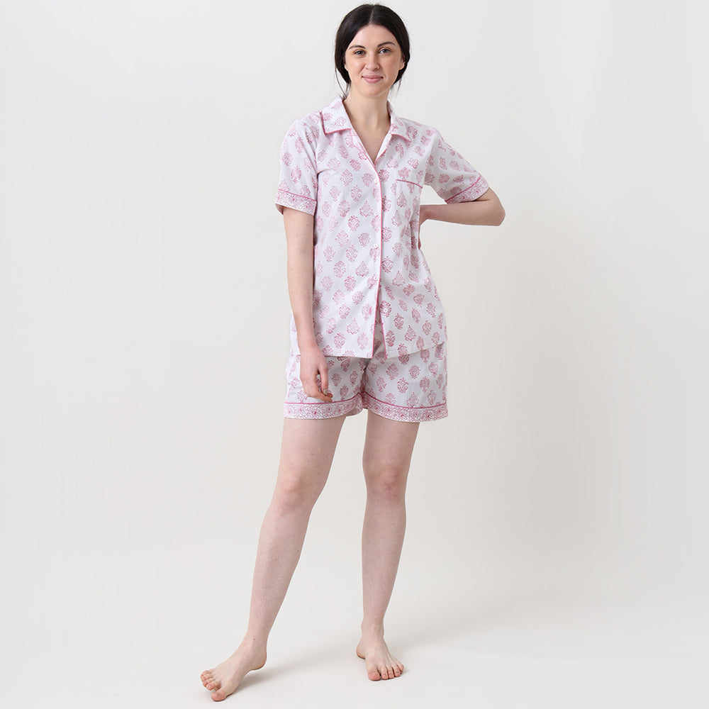 Madison Blockprint Shorts Set For Women (Pink)