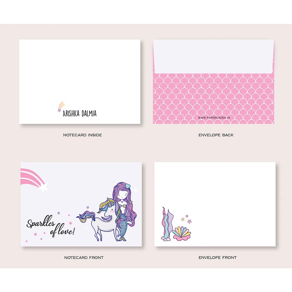 Mermaid & Unicorn - Folded-Notecards + Envelopes - Set of 25