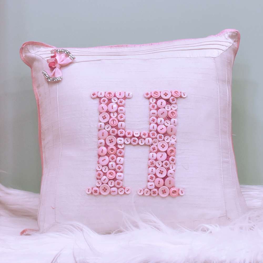 Monogrammed Button Cushion- Pink