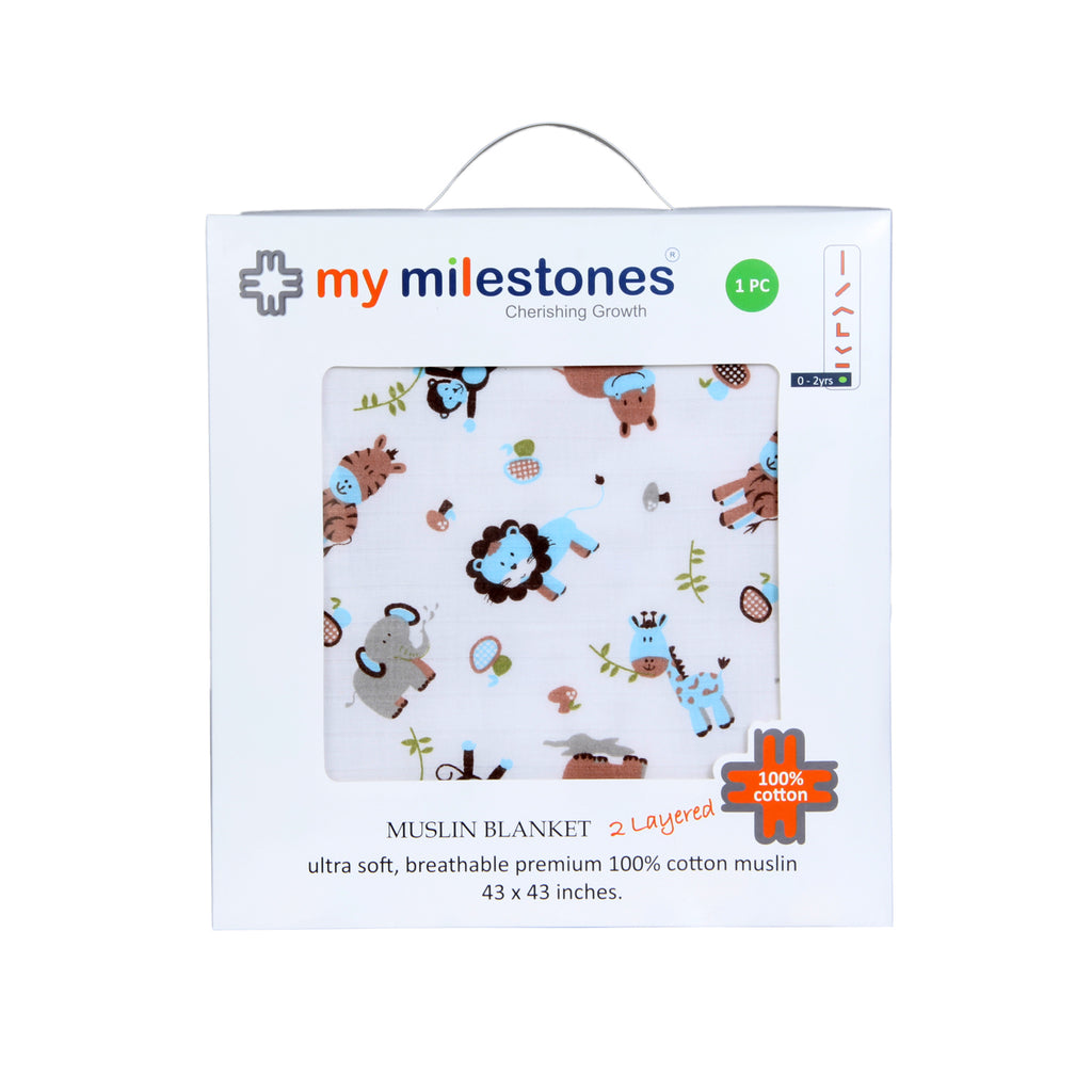 My Milestones 100% Cotton Muslin Baby Blanket - 4 Layered (43x43 inches) - Zoo Print Blue