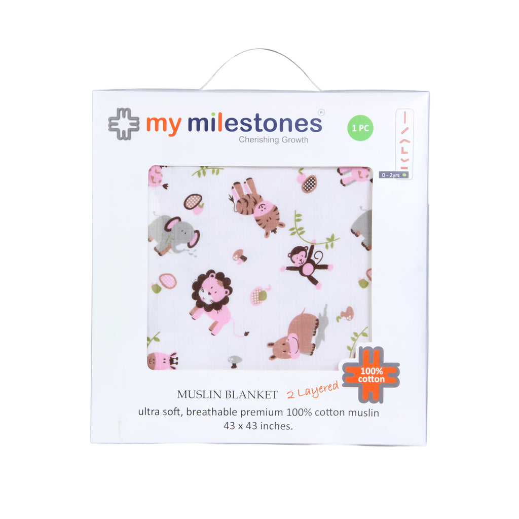 My Milestones 100% Cotton Muslin Baby Blanket - 4 Layered (43x43 inches) - Zoo Print Pink
