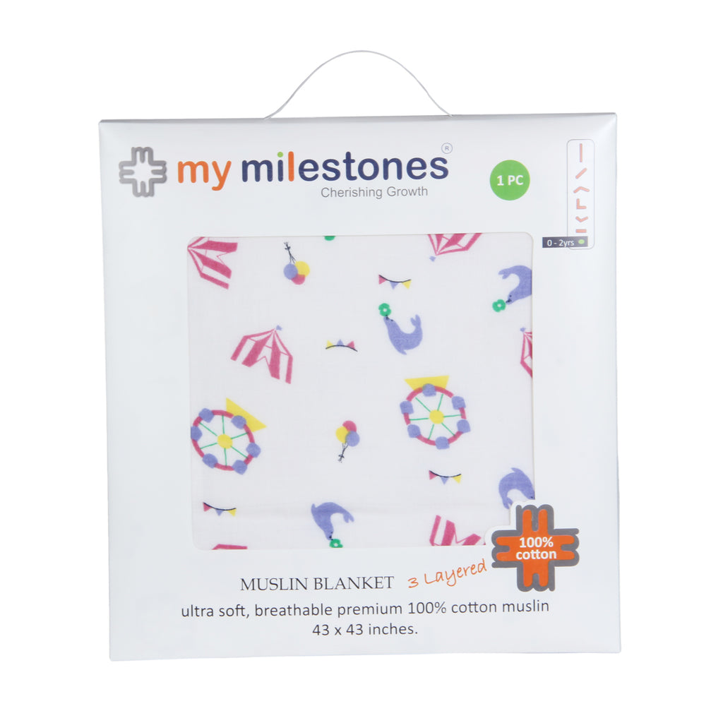 My Milestones 100% Cotton Muslin Baby Blanket - 6 Layered (43x43 inches) - Carnival Rose Pink Print